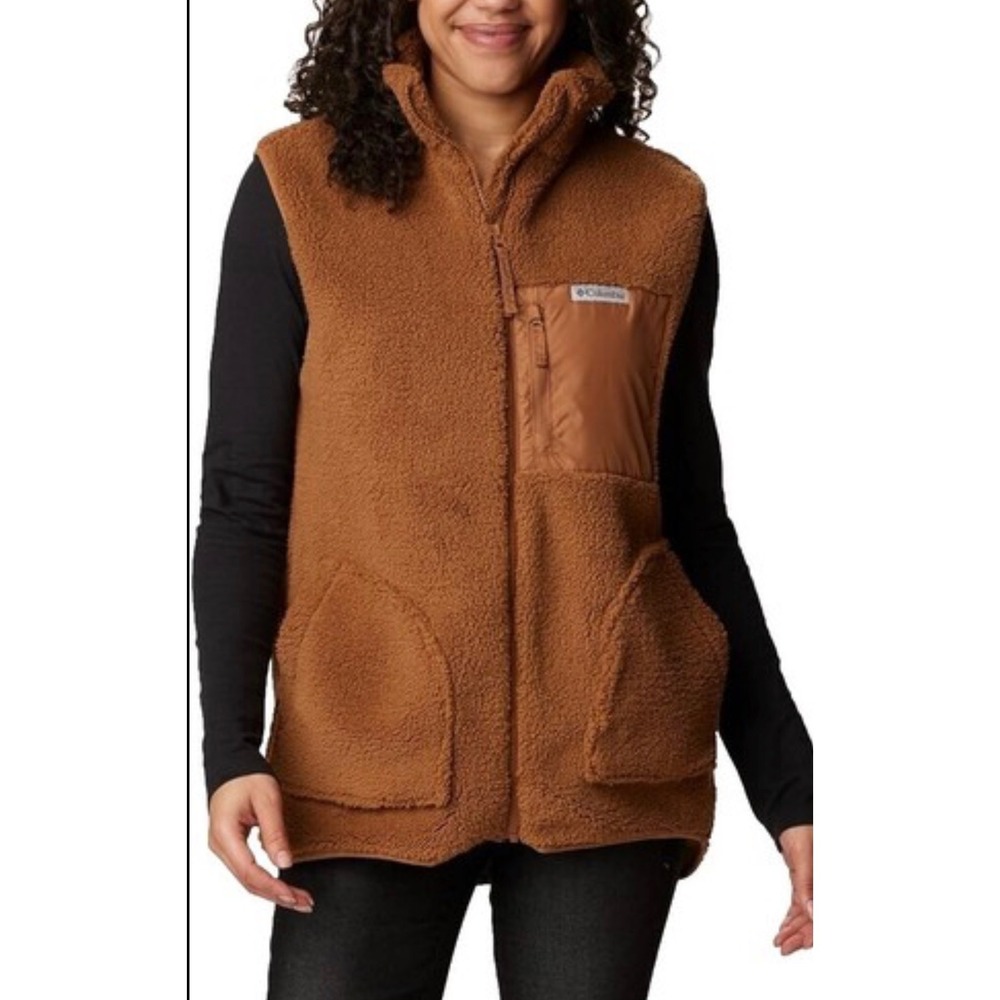 Columbia Holly Hideaway Sherpa Fleece Vest Brown Zip Pockets Women L